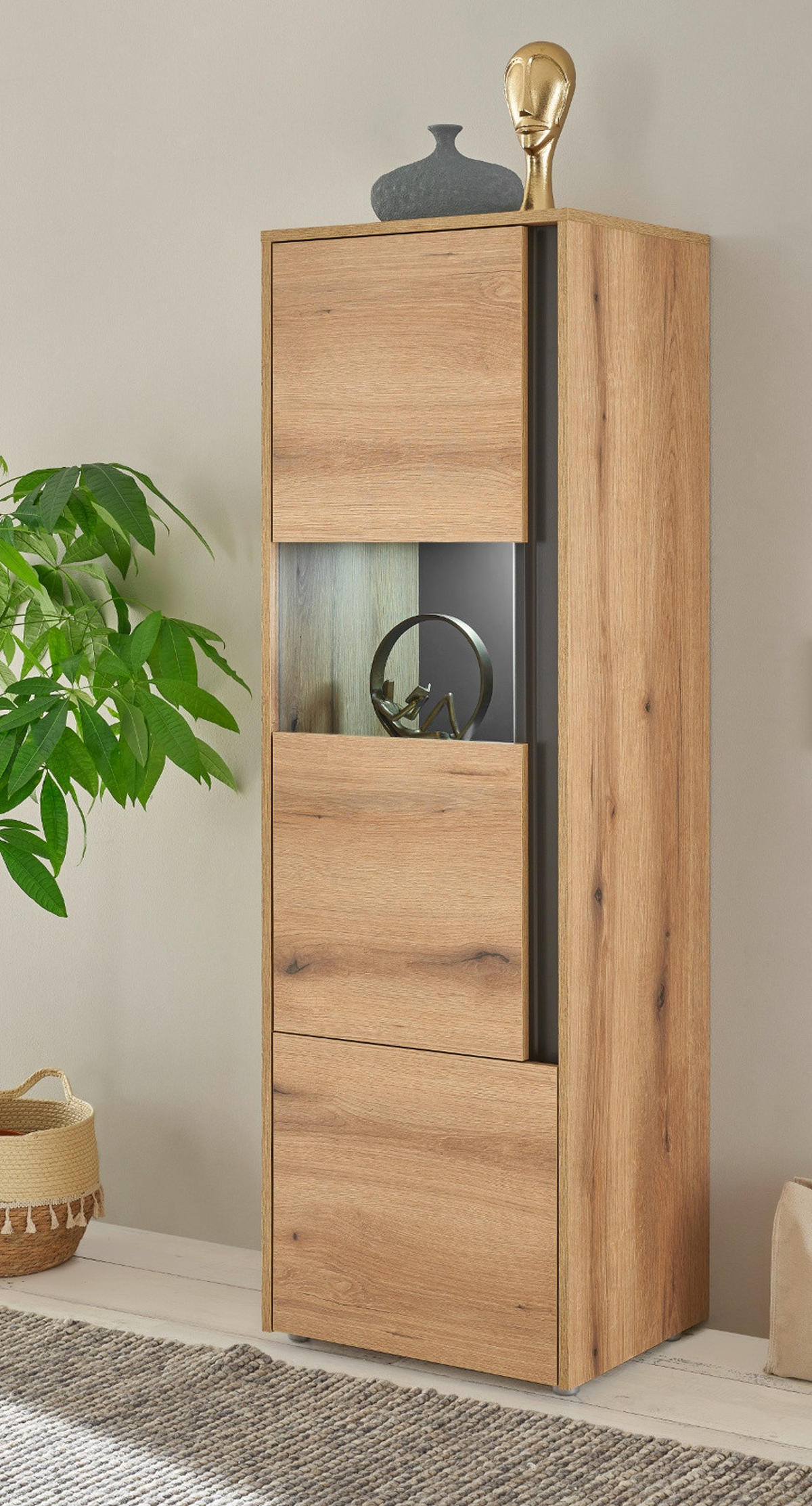 VITRINE Eiche Evoke 50 x 155 cm, Vitrinenschrank 2-türig mit 4 Fächern - Eichefarben/Schwarz, Glas/Holzwerkstoff (50/155/40cm) - Furn.Design