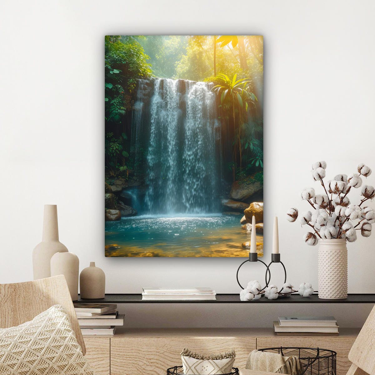 OBRAZ NA PLÁTNĚ Vodopád - Džungle - Slunce - Zelená - Příroda 60x80 cm - zelená barva, textil (60/80cm) - MuchoWow