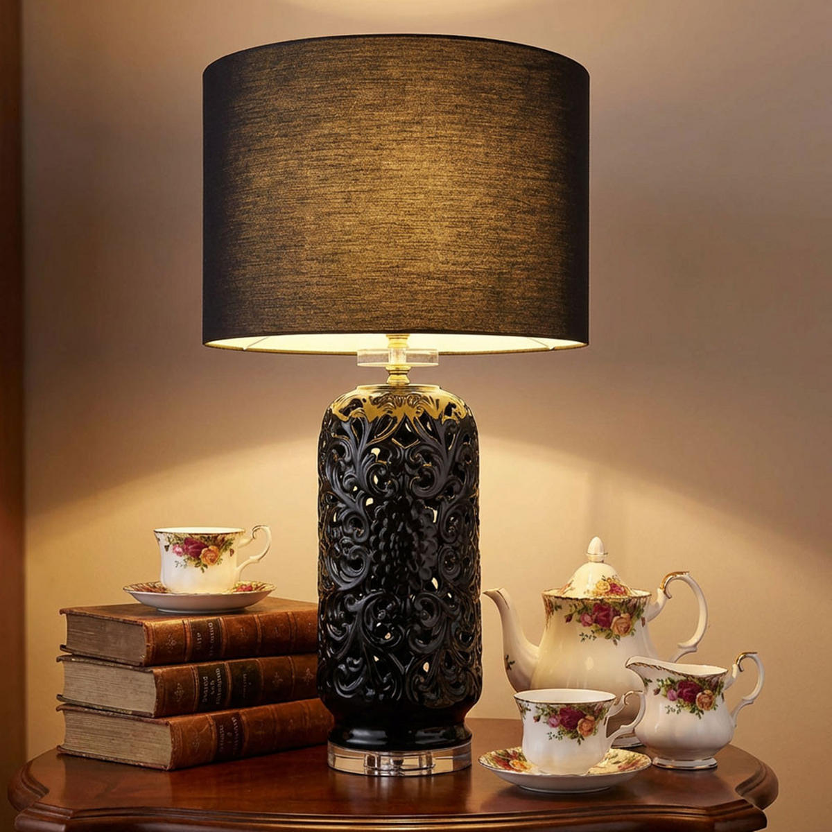 LED TISCHLEUCHTE Keramik Schwarz Textil - Schwarz, Textil (40/40/71cm) - Globo Lighting