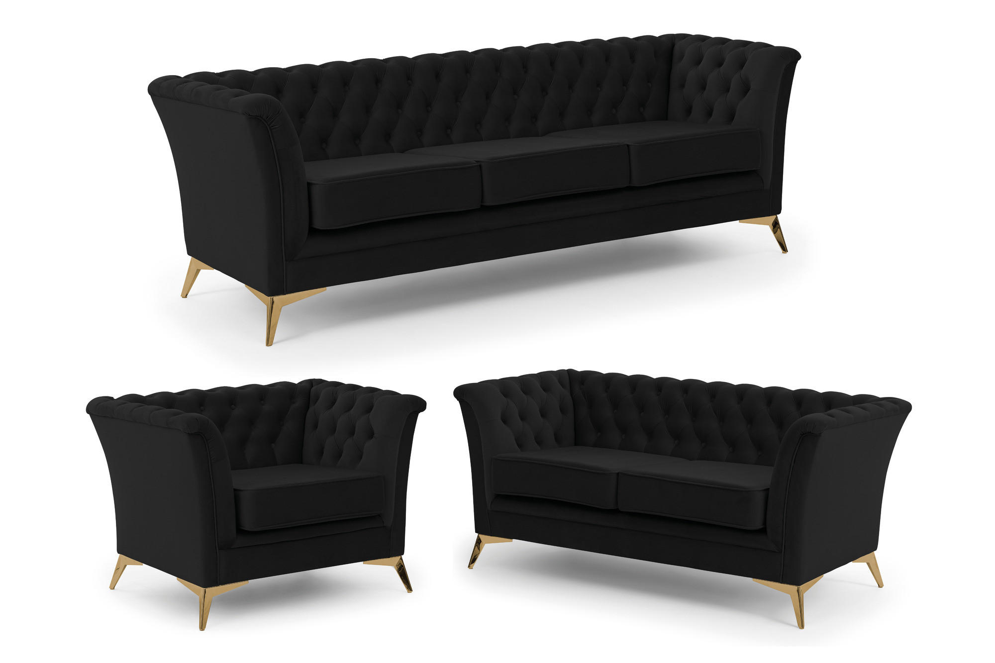 SITZGARNITUR 3+2+1 Chesterfield Whitby Schwarz Samt mit goldenen Füßen - Goldfarben/Schwarz, Holz/Textil (237/78/82cm) - S-Style Möbel