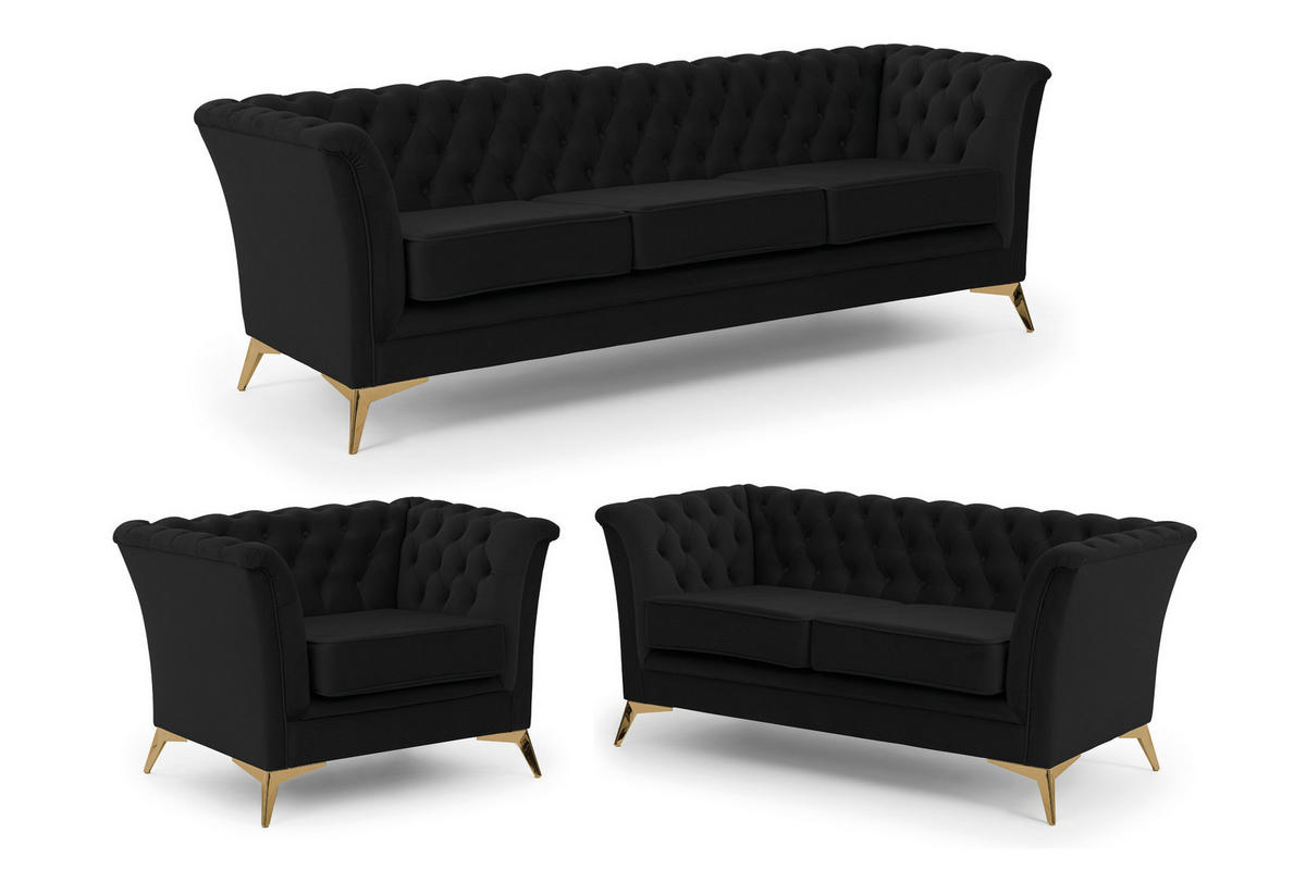 SITZGARNITUR 3+2+1 Chesterfield Whitby Schwarz Samt mit goldenen Füßen - Goldfarben/Schwarz, Holz/Textil (237/78/82cm) - S-Style Möbel