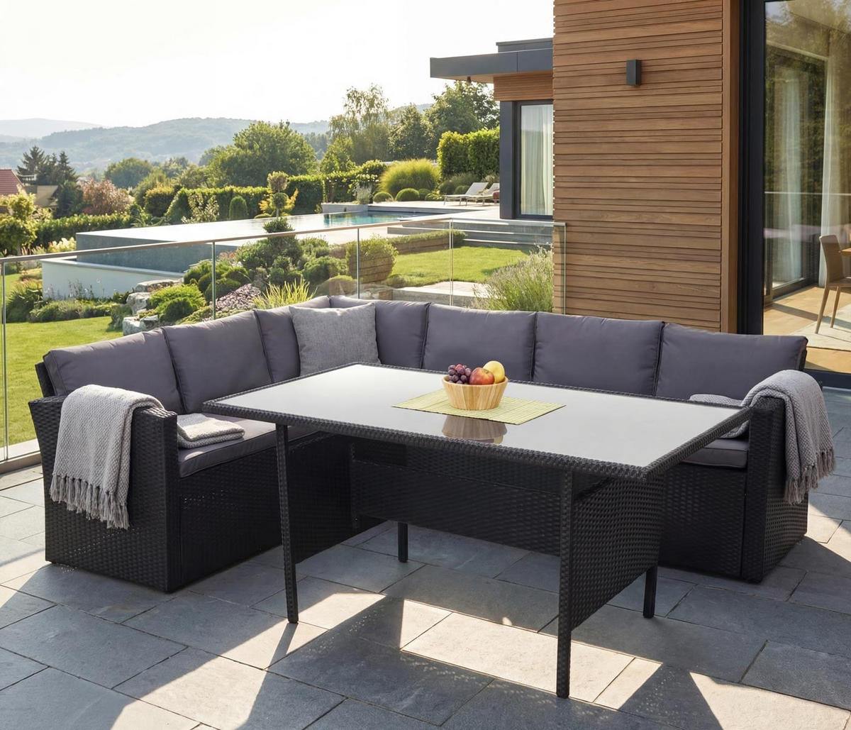 POLY-RATTAN-GARNITUR Schwarz 1 Eckbank, 1 Tisch-Set - Schwarz, Kunststoff - MCW