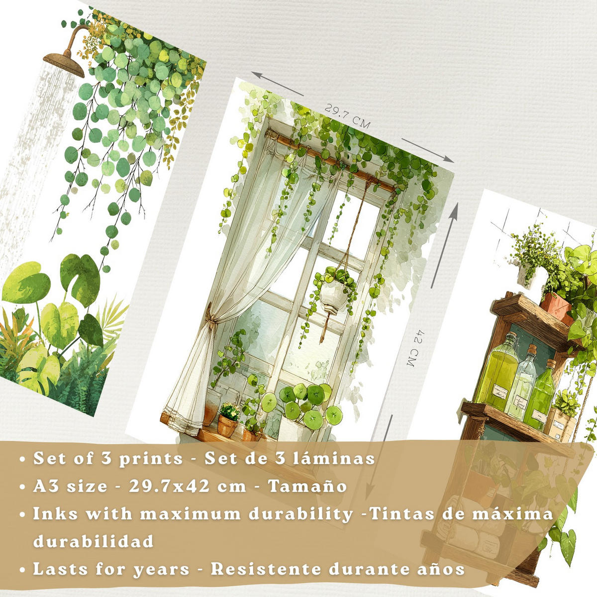 POSTER 3er-Set dekorative Badezimmerbilder im mit grünen Pflanzen, Dusche und Ablage, minimalistisches, Wohndekoration Leichter Holzrahmen A3 - Beige, Papier (42/29.7/3cm) - Nacnic