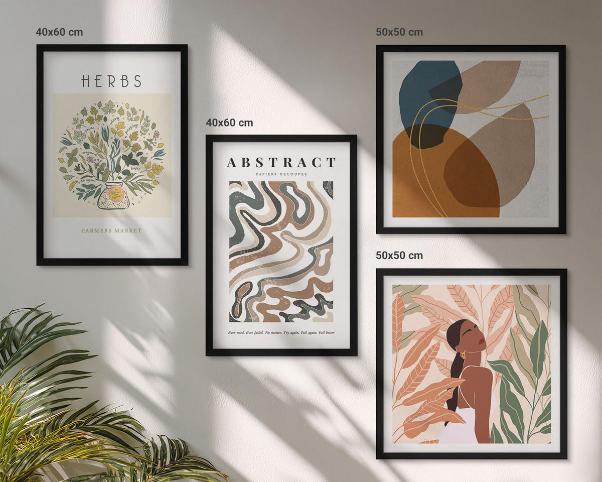 BILDER SET 4er Set - 50x50 cm & 40x60 cm Schwarzer Rahmen - Boho-Ästhetik, Pastellposter - Schwarz, Kunststoff (50/50cm) - TULUP