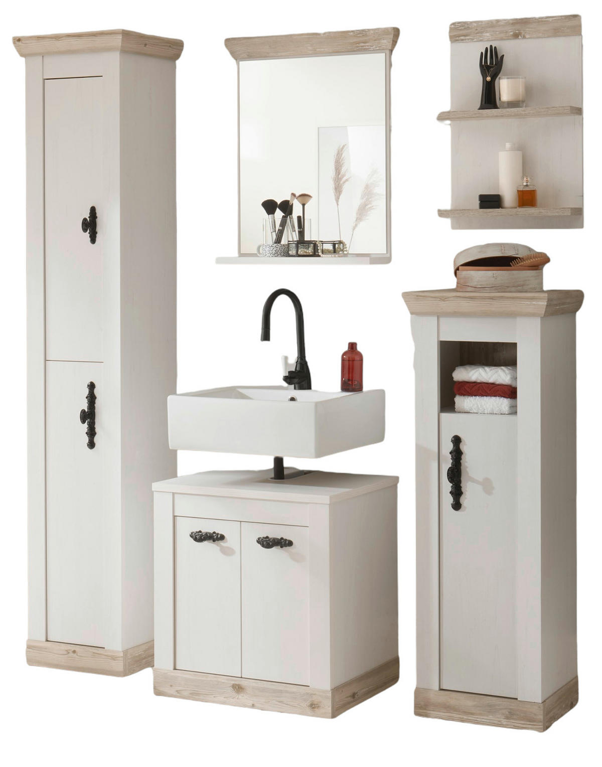 BADKOMBINATION Pinie weiß, Oslo Pinie Landhaus, Badmöbel Set 5-tlg., 184 x 200 cm - Dunkelgrau/Weiß, Holzwerkstoff/Metall (184/200/46cm) - Furn.Design