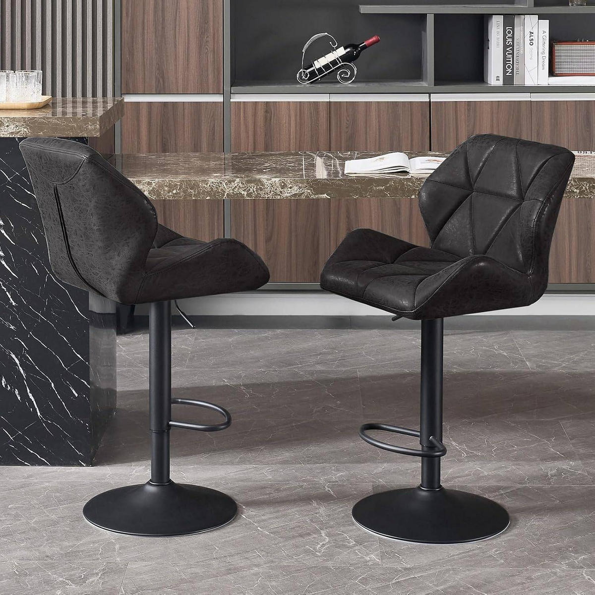 BARHOCKER 2er Set, höhenverstellbar,drehbar,Kunstleder Stahl - Schwarz, Metall (50/94/41cm) - Woltu