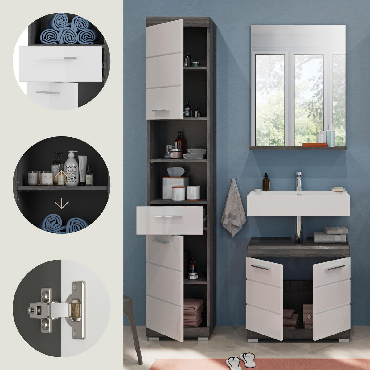 BADKOMBINATION 3tlg. Scout Bad in Rauchsilber Nachbildung und weiß hochglanz B/H/T: 112x191x34 cm - Anthrazit, Holz (112/191/34cm)