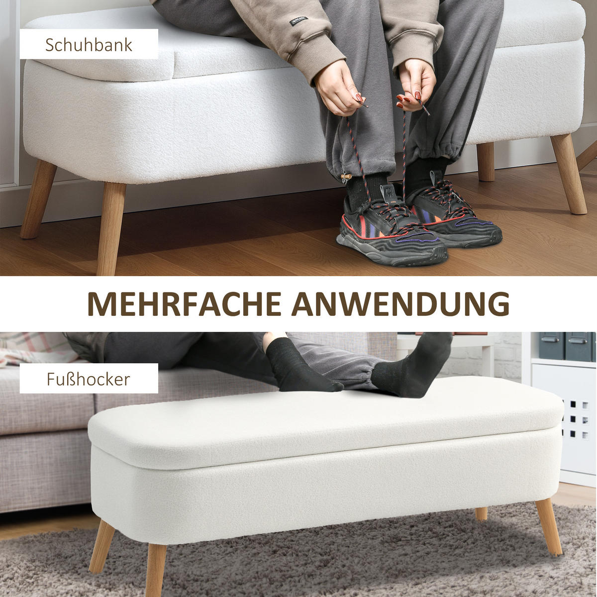SITZBANK mit Stauraum Polsterbank mit Fleece-Optik, Holzbeine für Wohnzimmer - Creme, Textil (42/45/120cm) - HOMCOM