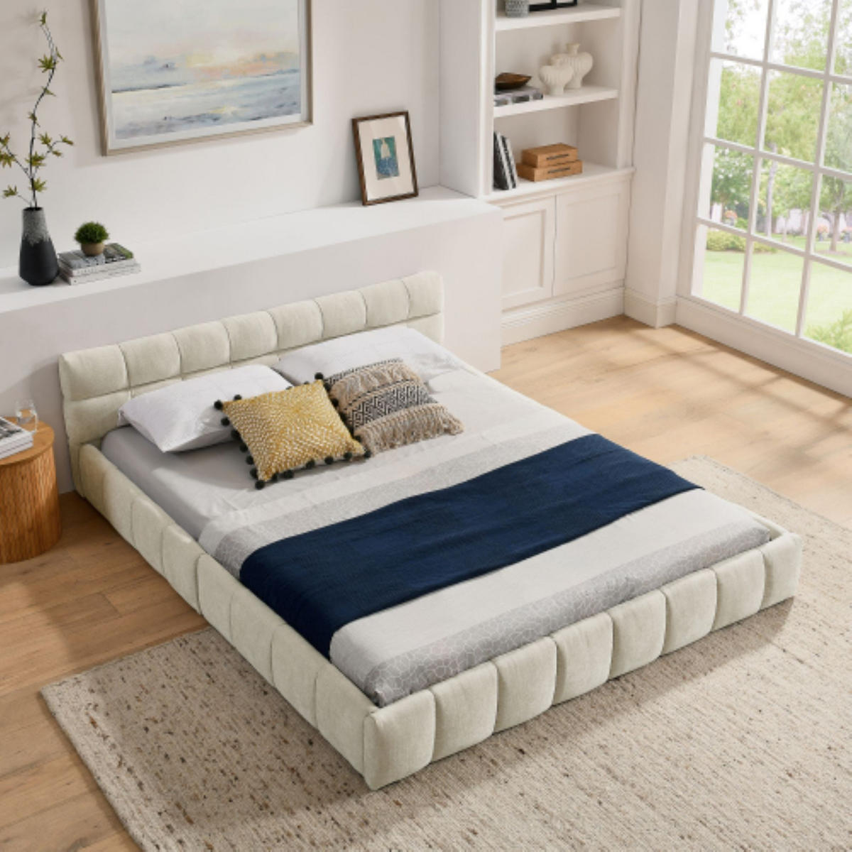 POLSTERBETT 160/200 cm in Beige mit Steppdesign und Chenille-Bezug - Beige, Holzwerkstoff/Textil (160/200cm) - CHICFURN