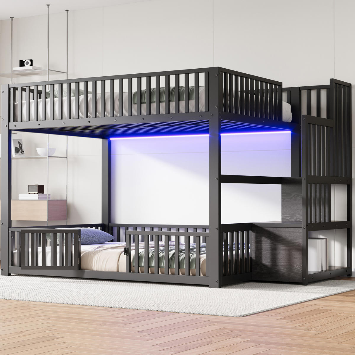 ETAGENBETT 140/200 cm Schwarz mit Stauraumleiter und LED - Schwarz, Metall (140/200cm) - Oxeza