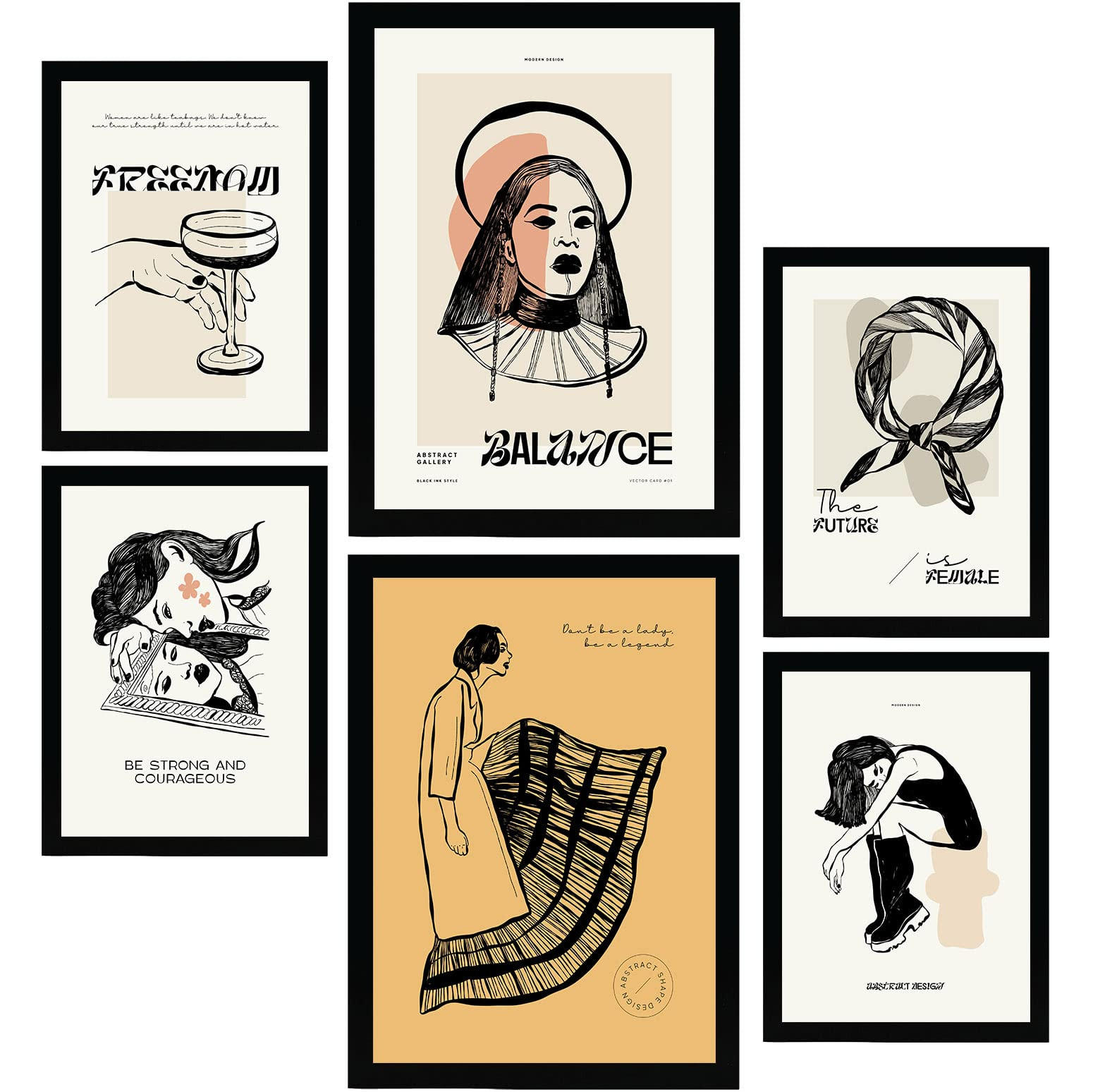 POSTER Set Mit 6 In Schwarzer Tinte Tapfer Kunstdrucke Im Skizzenstil Für Innenarchitektur A3 & A4 Schwarzer Rahmen - Schwarz, Papier (29/3cm) - Nacnic