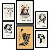 POSTER Set Mit 6 In Schwarzer Tinte Tapfer Kunstdrucke Im Skizzenstil Für Innenarchitektur A3 & A4 Schwarzer Rahmen - Schwarz, Papier (29/3cm) - Nacnic