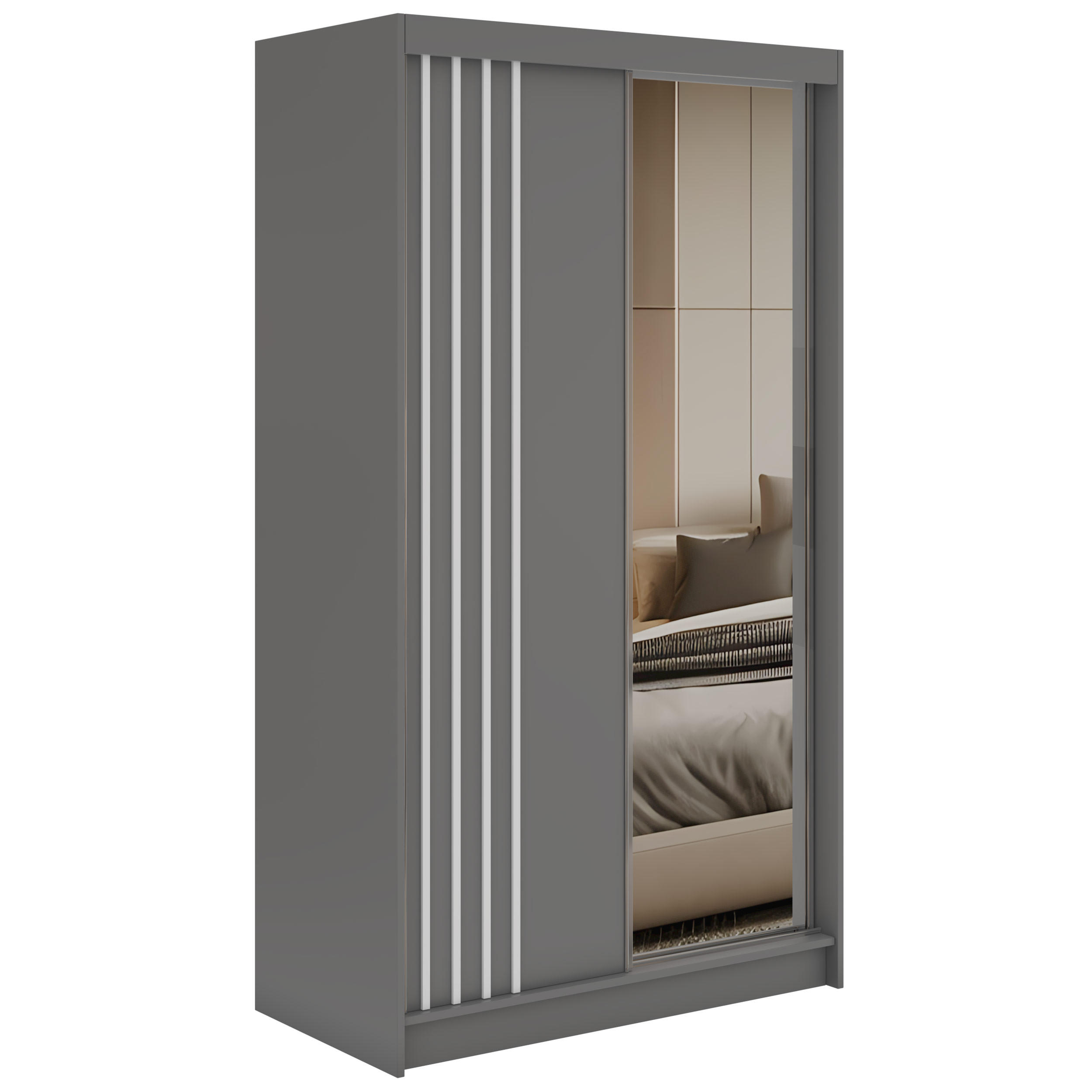 SCHWEBETÜRENSCHRANK mit Lamellen und Spiegel DIANA - 120 - Grau und Weiß - Alufarben/Weiß, Holzwerkstoff/Metall (120/216/61cm) - MKS