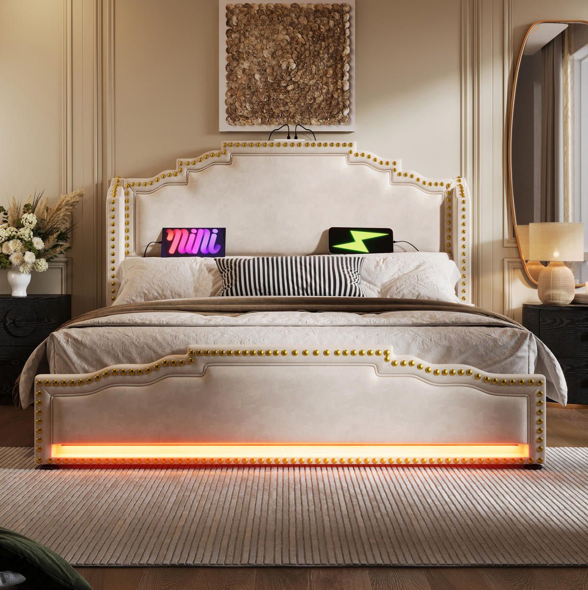 BETT mit 4 Schubladen 180x200 cm Samt Beige mit LED und USB-C - Beige, Metall (180/200cm) - Meubliv