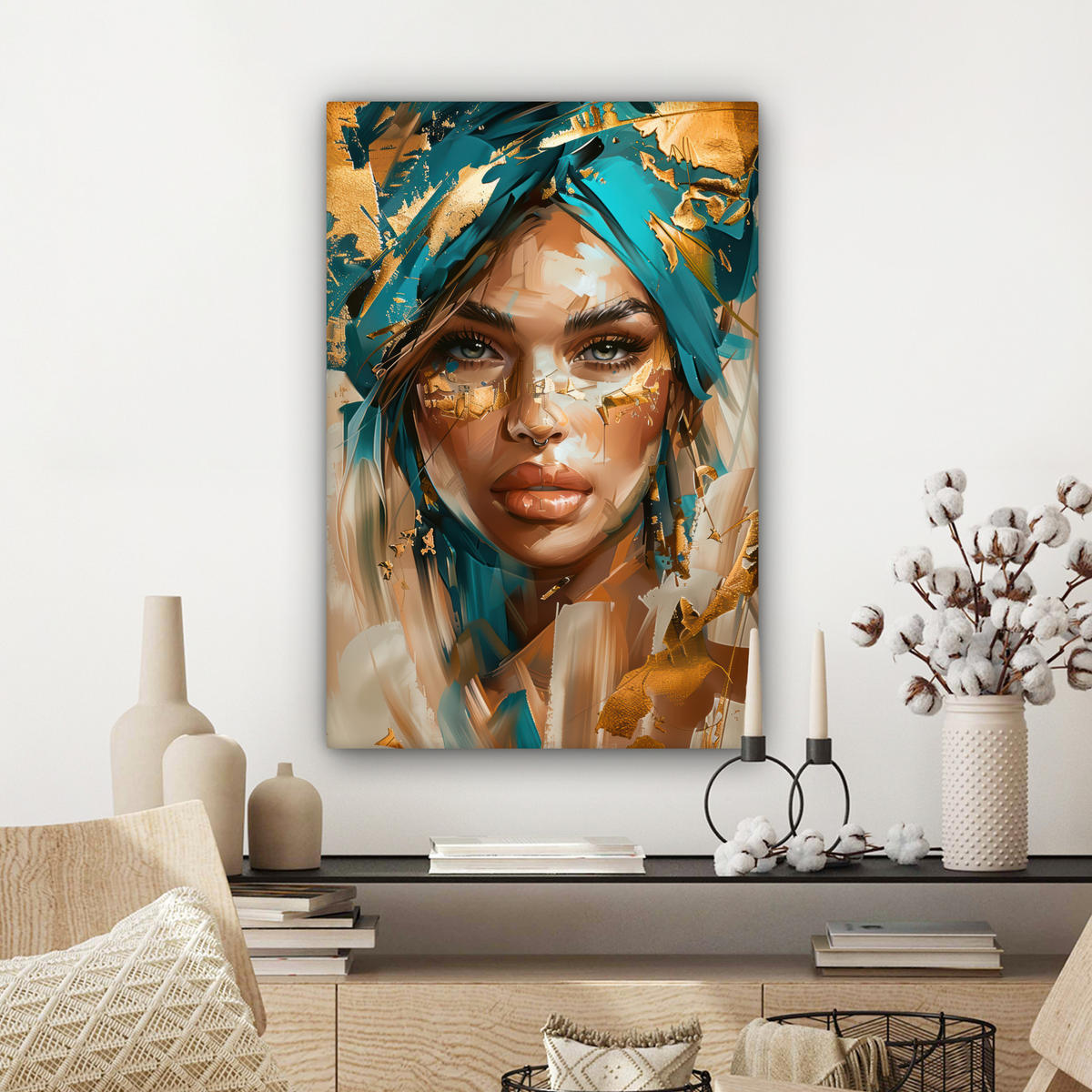 LEINWANDBILD - Frau - Porträt - Gold - Luxus - Blau - 40x60 - Deko Schlafzimmer - Türkis, Textil (40/60cm) - MuchoWow