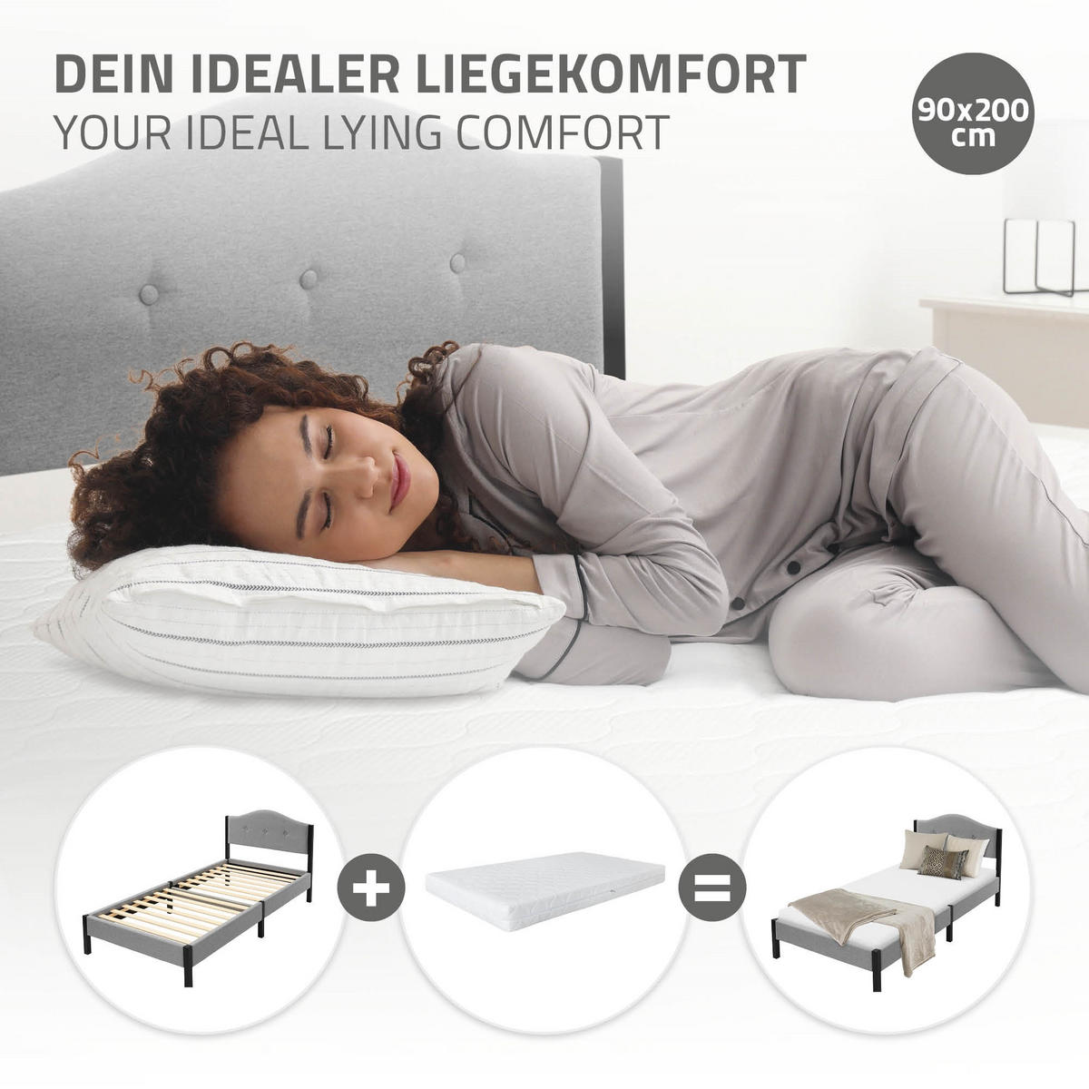 POLSTERBETT 90x200 cm Grau mit Lattenrost und Leinenstoff - Grau, Holzwerkstoff/Textil (90/200cm) - ML-DESIGN