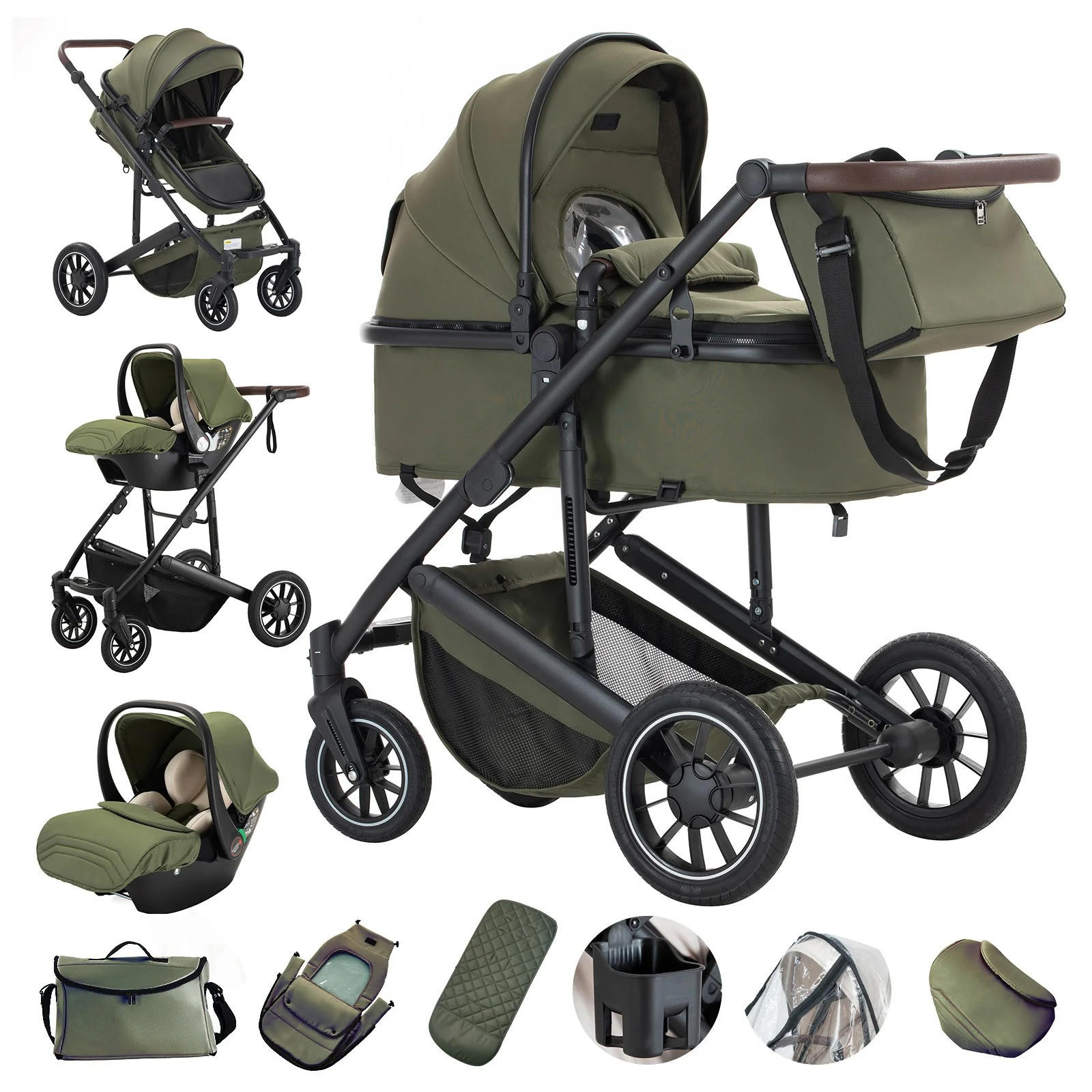 KINDERWAGENSET 3-in-1, tragbar, Aluminiumrahmen, 516-Grün - Grün, Metall (80/60cm) - Kaket