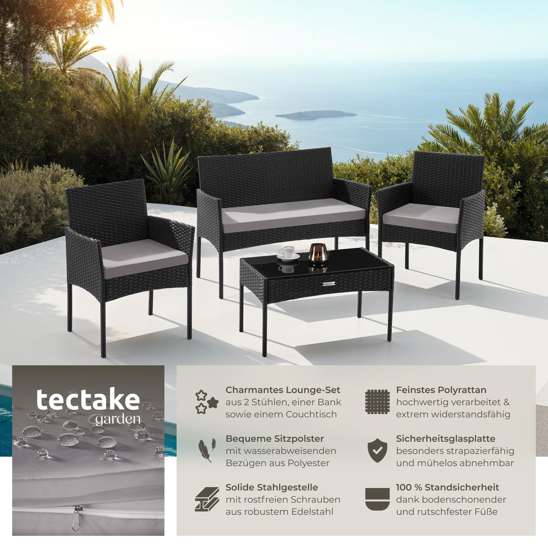 RATTAN GARTENSET Palese,Sofa 250 kg, je Sessel 120 kg,schwarz - Schwarz, Kunststoff - tectake