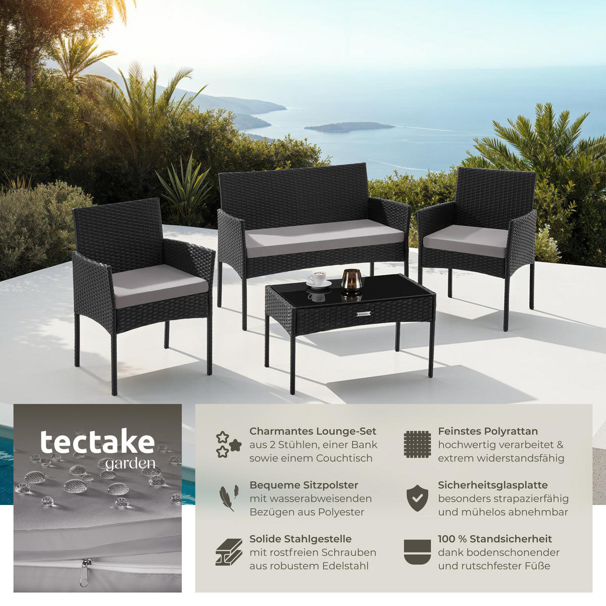 RATTAN GARTENSET Palese,Sofa 250 kg, je Sessel 120 kg,schwarz - Schwarz, Kunststoff - tectake