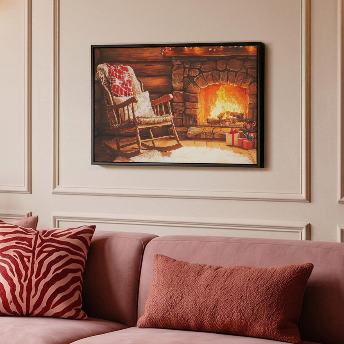 LEINWAND Bilder mit Rahmen - Winter - Weihnachten - Zuhause - Kamin - 60x40 - Bernsteinfarben, Textil (60/40cm) - MuchoWow