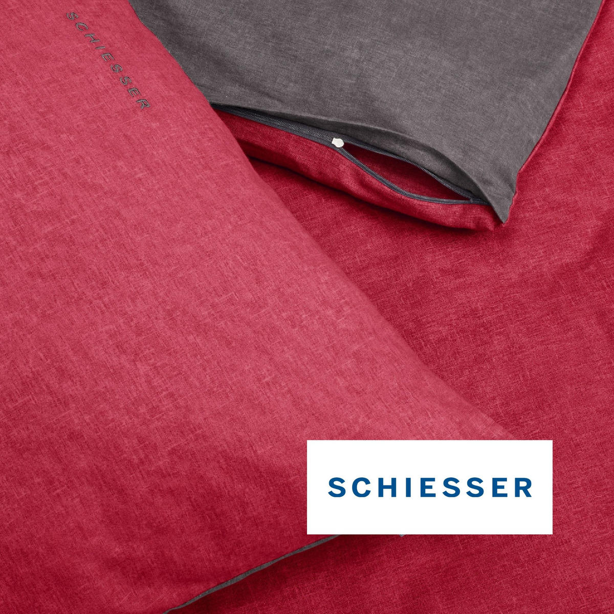 BETTWÄSCHESET Doubleface - Feinbiber - 2-teilig - 135 x 200 cm - Rot-Dunkelgrau - Dunkelgrau/Rot, Textil (155/220cm) - SCHIESSER