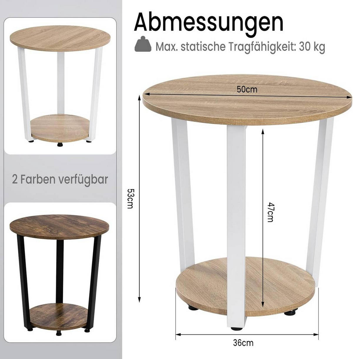 COUCHTISCH rund, mit 2 Ablagen, Helle Eiche - Eichefarben, Holzwerkstoff/Metall (50/50/53cm) - Woltu