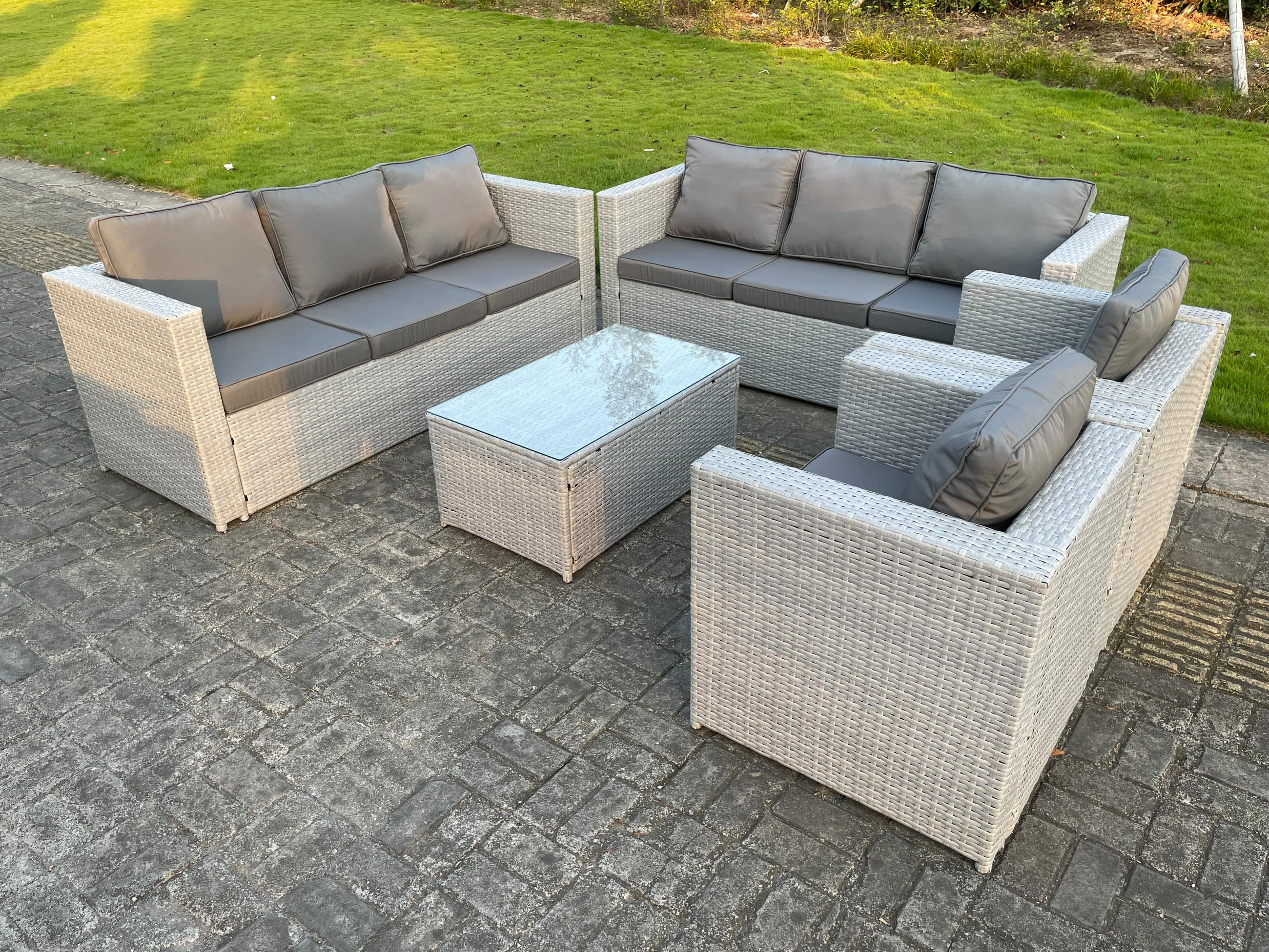 GARTENSOFA SET mit Couchtisch Polyrattan Helles Grau 8-Sitzer - Hellgrau, Metall - Fimous