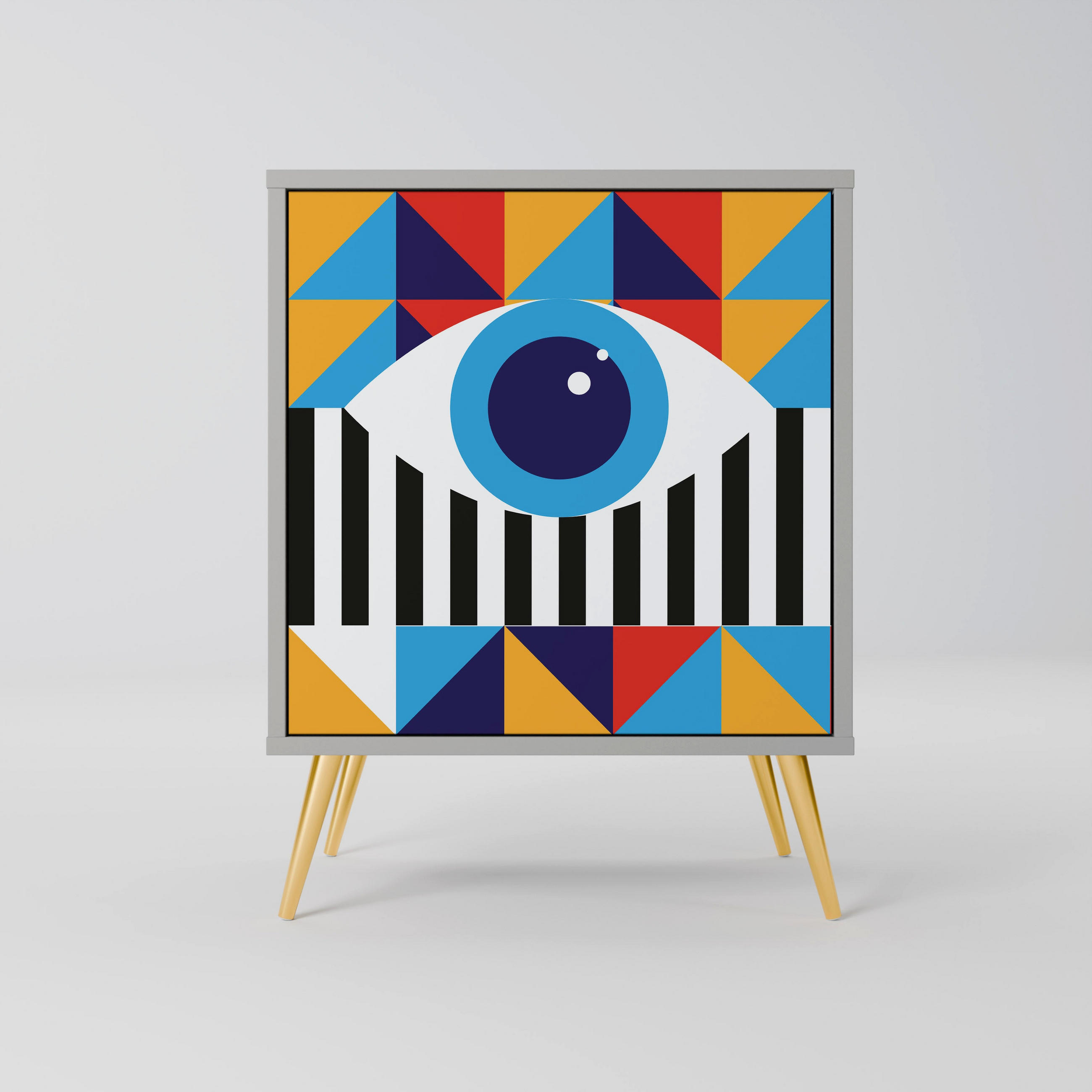 SIDEBOARD ABSTRACTION AND GEOMETRY, Grau, 57,5x42x75,5 cm, Goldfarbene Metallfüße - Goldfarben/Multicolor, Holzwerkstoff/Metall (57.5/75.5/42cm) - SpaceRebels