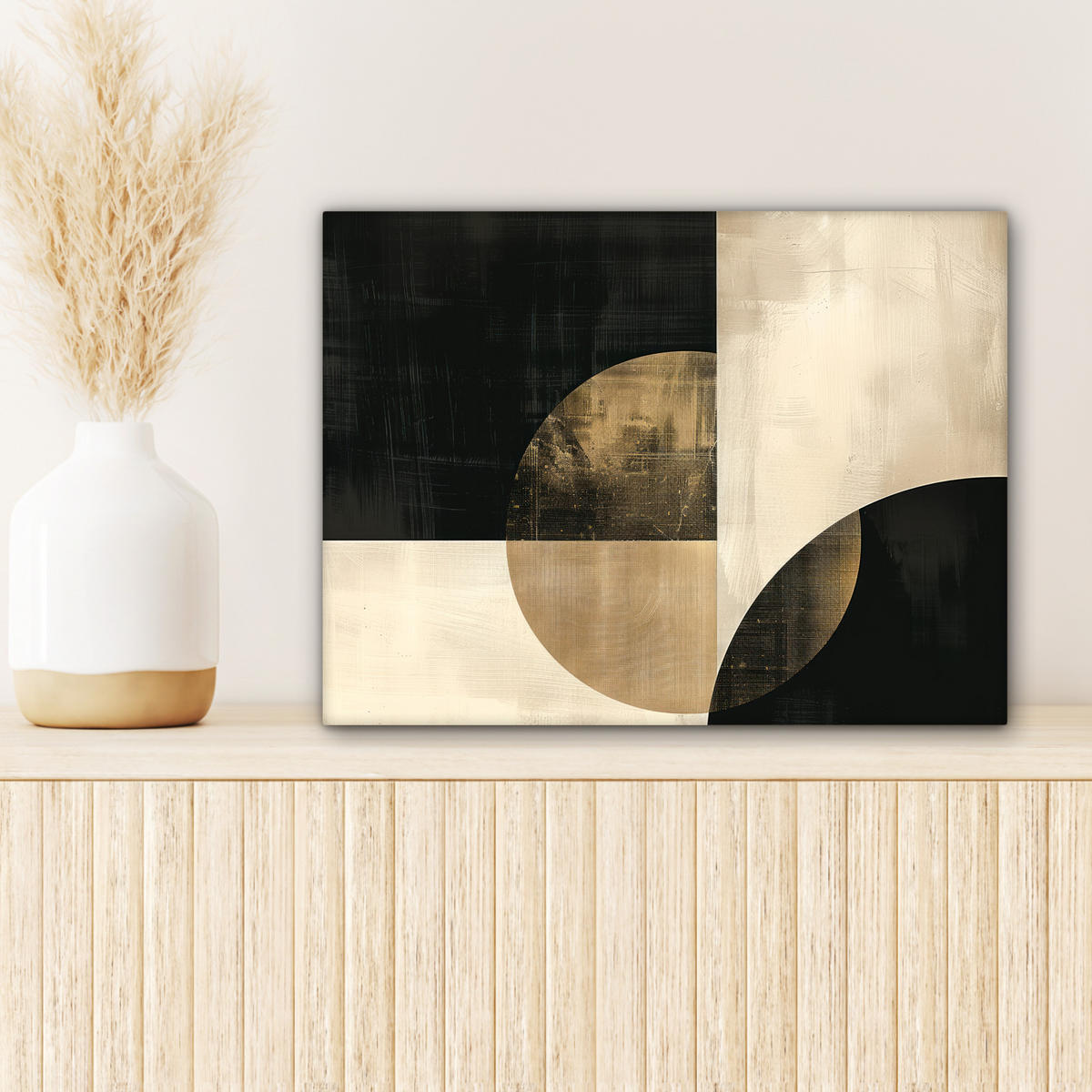 LEINWANDBILD Abstrakt - Geometrische Formen - Schwarz - Gold Wandbild 40x30 cm - Ecru, Textil (40/30cm) - MuchoWow