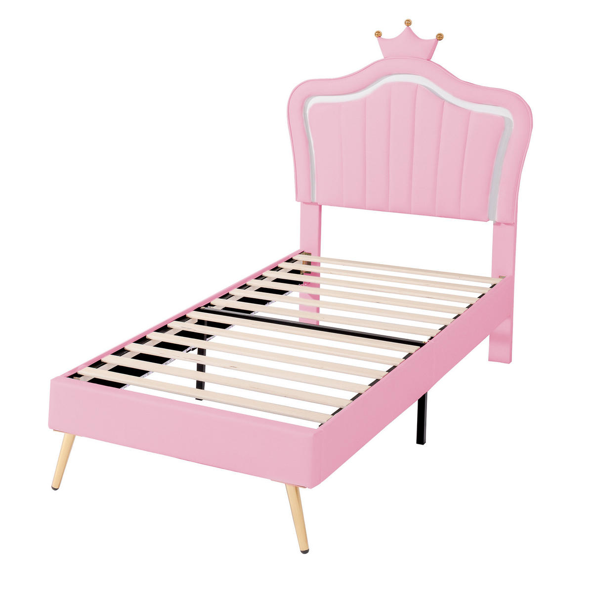 KINDERBETT 90/200 cm mit LED-Beleuchtung, verstellbarem Kopfteil und Muschel-Kronen-Design, Rosa - Pink, Textil (90/200cm) - Redom