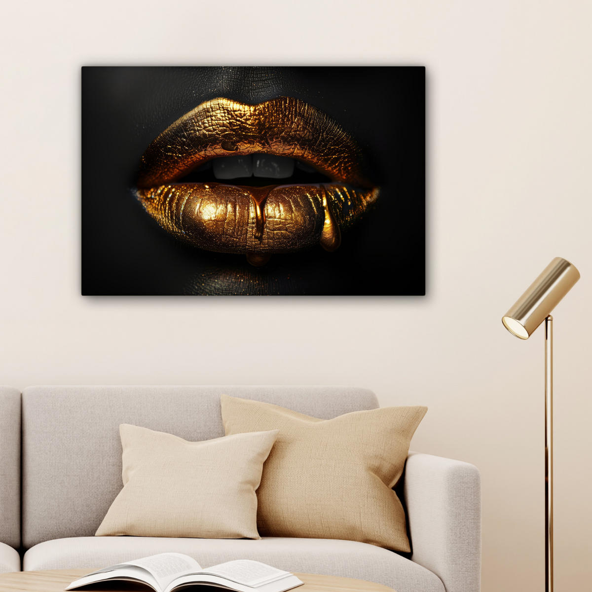 LEINWANDBILD Frau - Porträt - Lippen - Gold - Schwarz Gemälde 60x40 cm - Schwarz, Textil (60/40cm) - MuchoWow