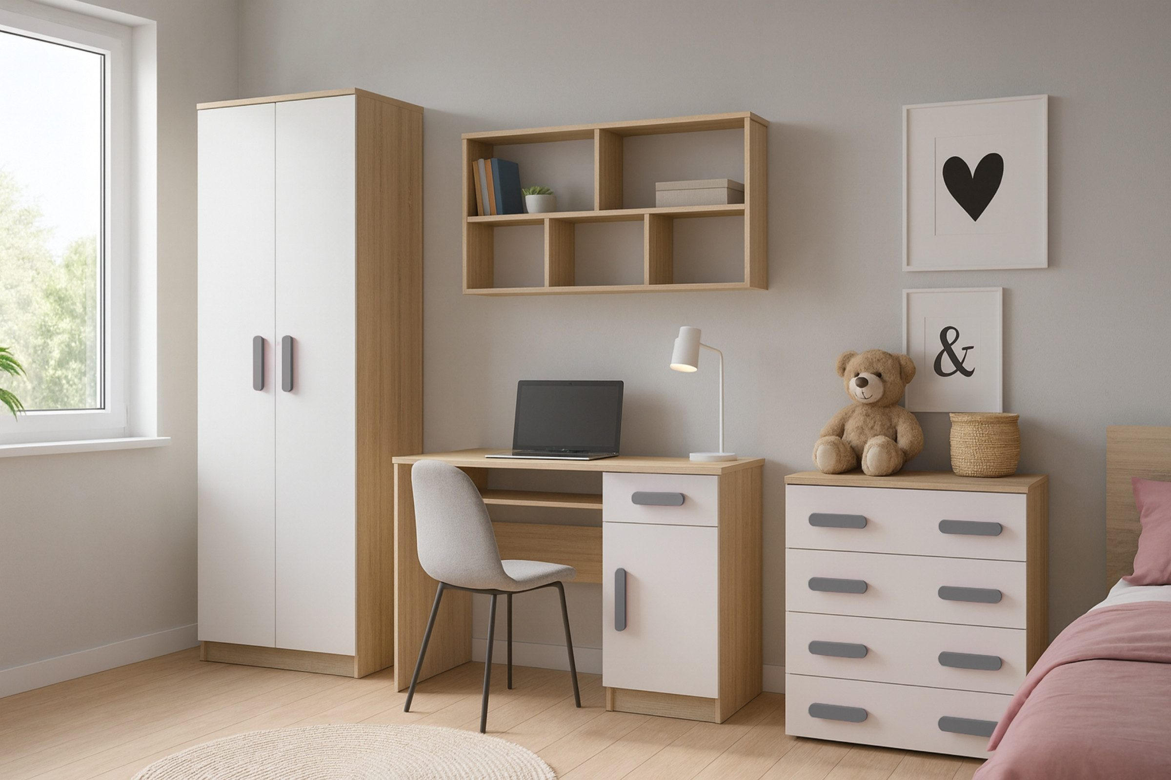 KINDERZIMMER-SET INGE III 4-teilig Weiß+Sonoma/Grau - Weiß/Grau, Holzwerkstoff (270/193/50cm) - Deine Möbel 24