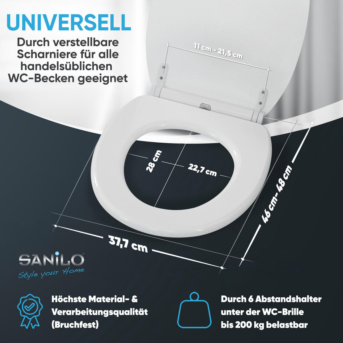 WC-SITZ mit Absenkautomatik & Top Fix Glitzer Weiß - Weiß, Holzwerkstoff (37.7/5.5/48cm) - Sanilo