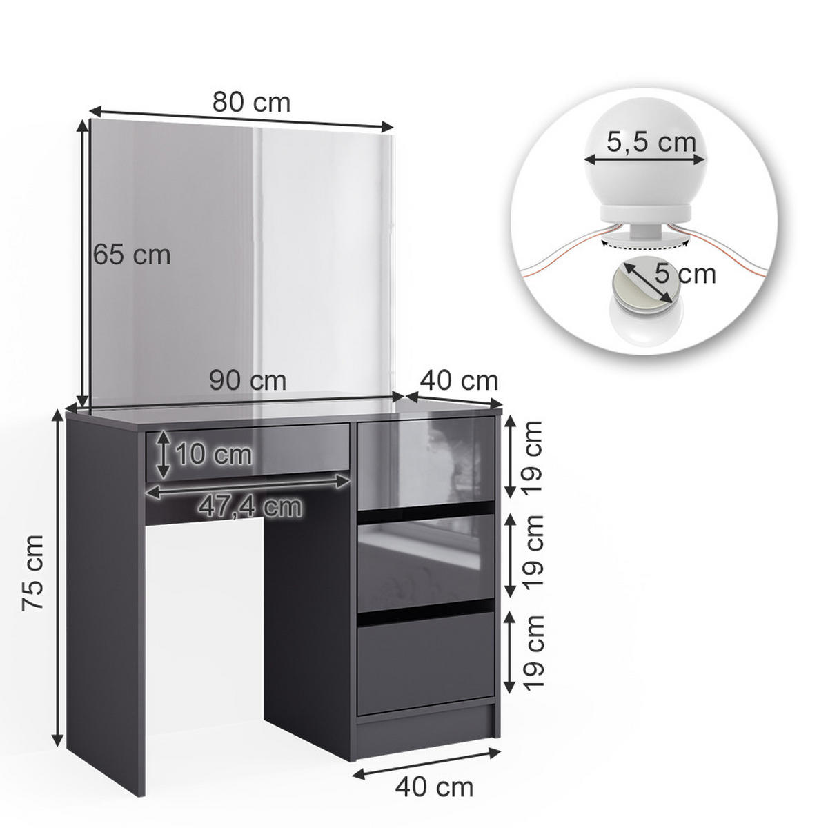 SCHMINKTISCH Sherry Anthrazit 90 cm mit Spiegel & LED-Beleuchtung - Anthrazit, Holzwerkstoff (90/75/40cm) - Vicco