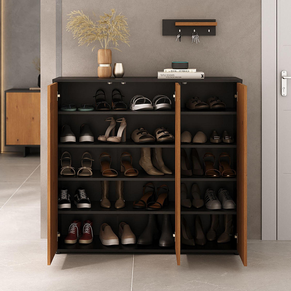 SCHUHSCHRANK MIRAN schwarz/Eiche - Eichefarben/Schwarz, Holz (109/100/35cm) - IDIMEX