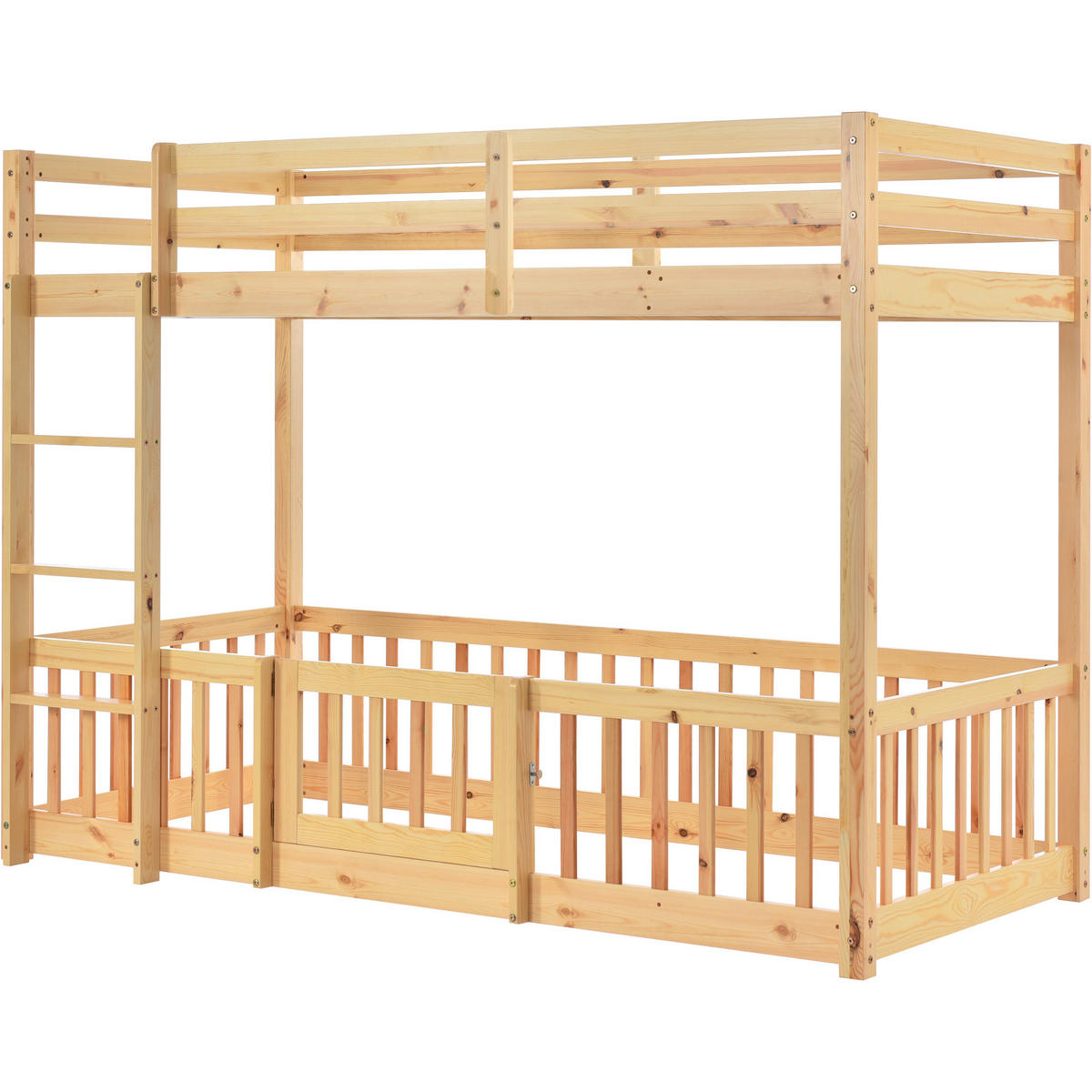 ETAGENBETT 90x200 cm, mit Schutzgeländer & rechtwinkliger Treppe, Massivholz, Natur - Naturfarben, Holz (90/200cm)
