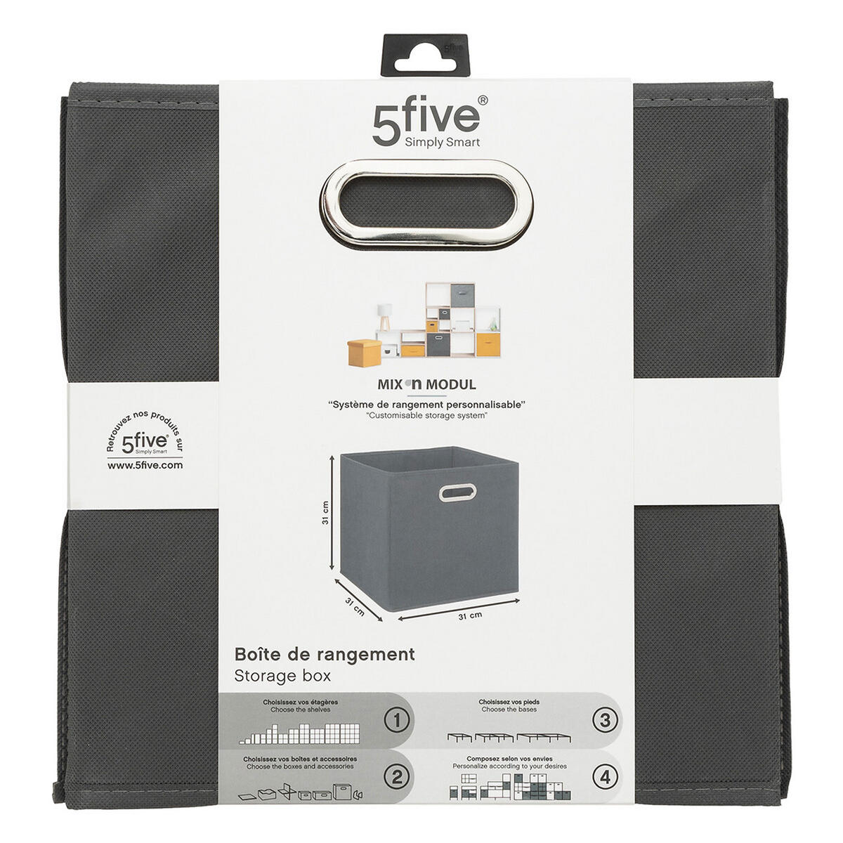 AUFBEWAHRUNGSKORB Mix N Modul, Pappe, PP-Kunststoff, Grau, 31 x 31 cm - Grau, Papier (31/31/31cm) - 5five Simply Smart