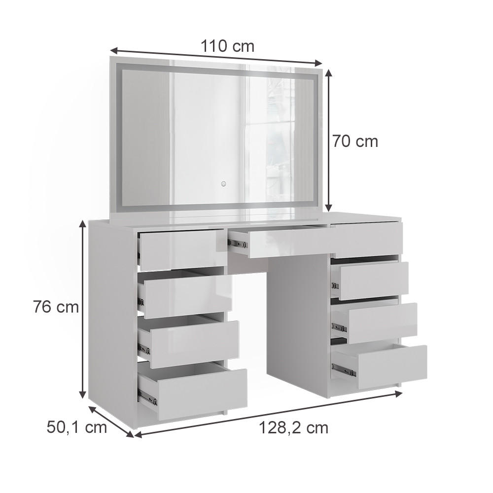 SCHMINKTISCH Sherry Weiß/Weiß Hochglanz 128.2 cm mit LED-Spiegel - Weiß Hochglanz, Holzwerkstoff (128.2/76/50.1cm) - Vicco