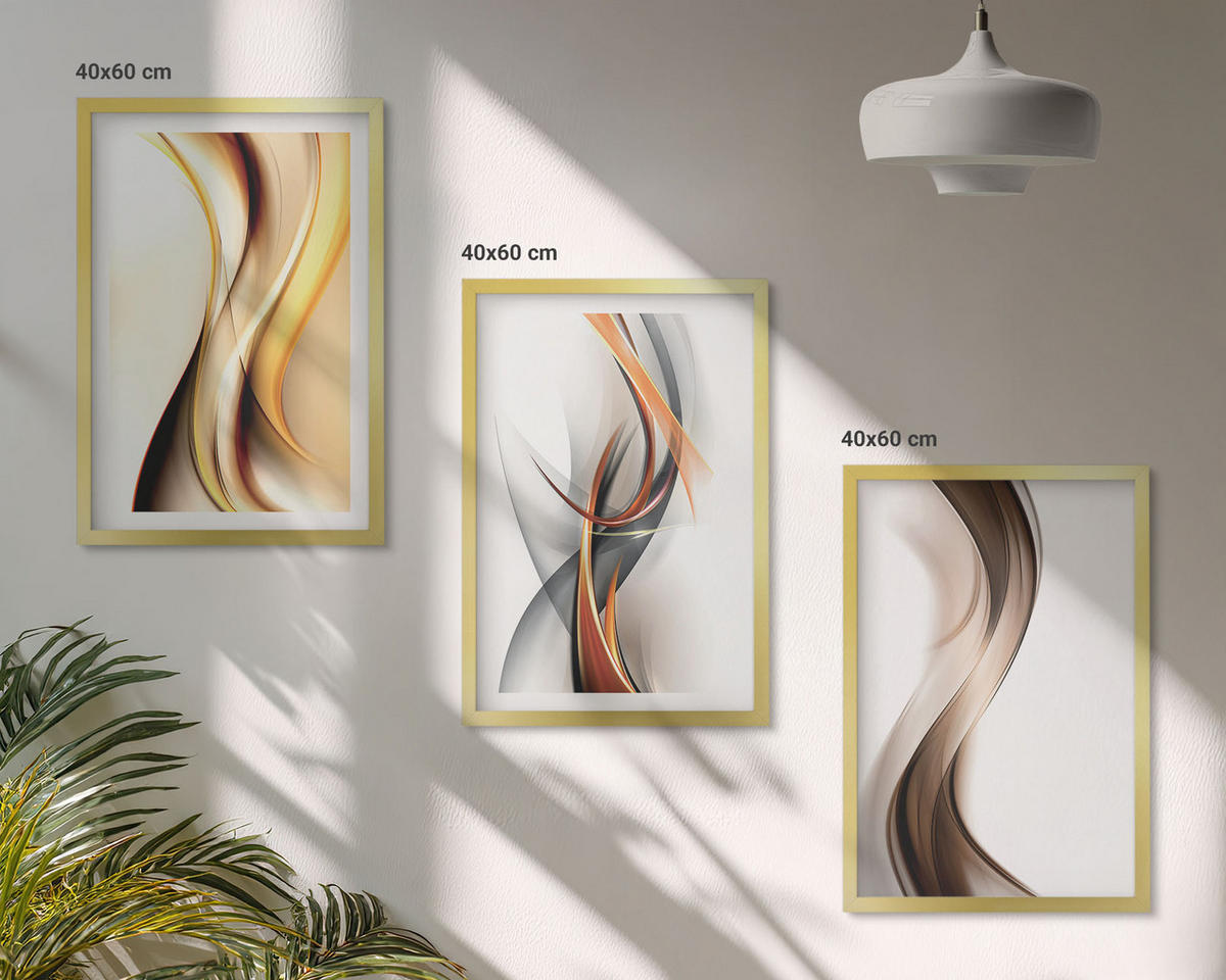 BILDER SET 3er Set - 40x60 cm Goldrahmen - Gelbgrau-braune Wellen - Goldfarben, Kunststoff (40/60cm) - TULUP