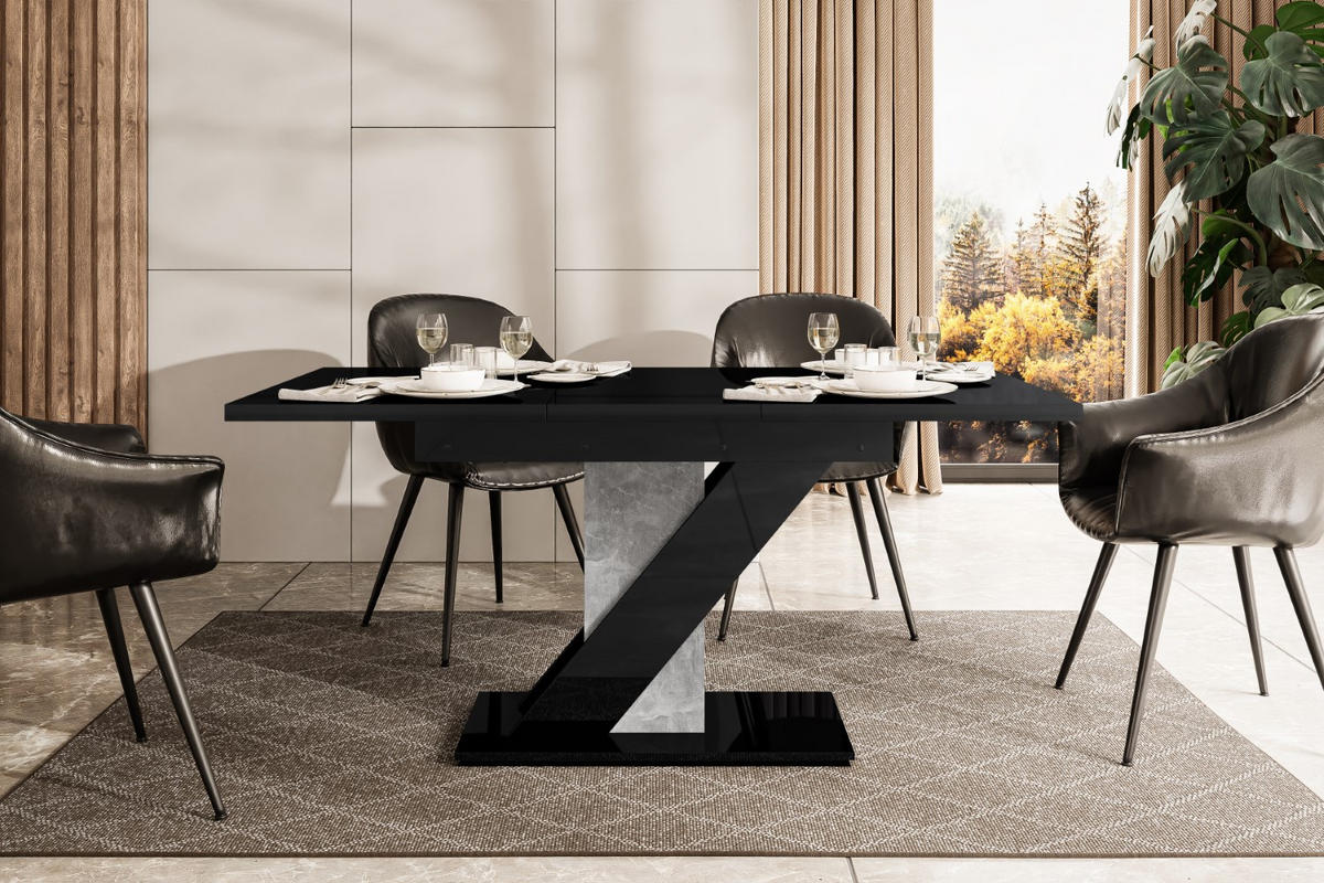 ESSTISCH ausziehbar 120 -160x80x75 cm - Hochglanz Schwarz/Betonoptik - EVA - Schwarz Hochglanz, Holzwerkstoff (120/80/75cm) - ALTDECOR