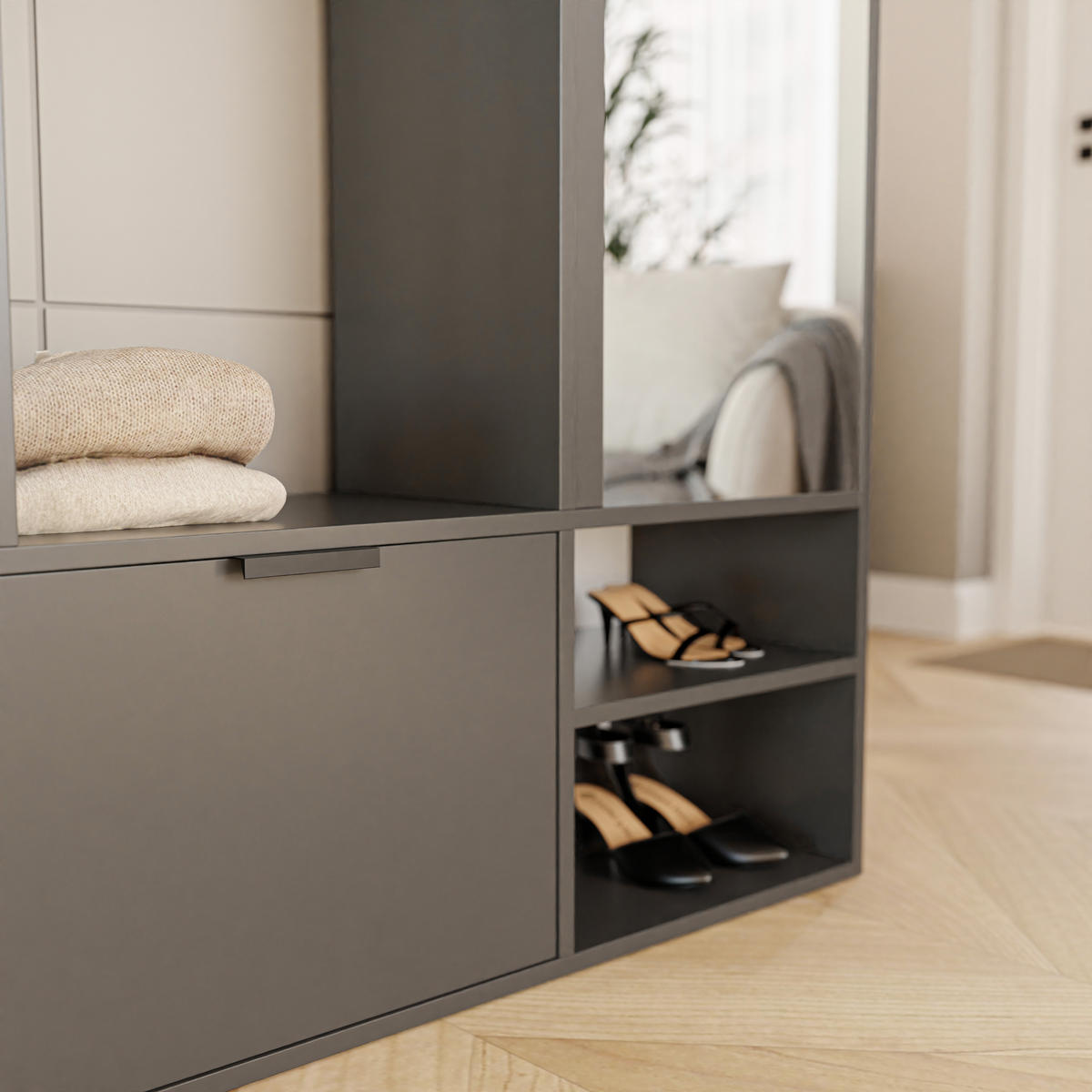 GARDEROBENSCHRANK mit Spiegel-mit Ablagen und Kleiderstange - Grau, Holzwerkstoff (100/190/33cm) - Idohome