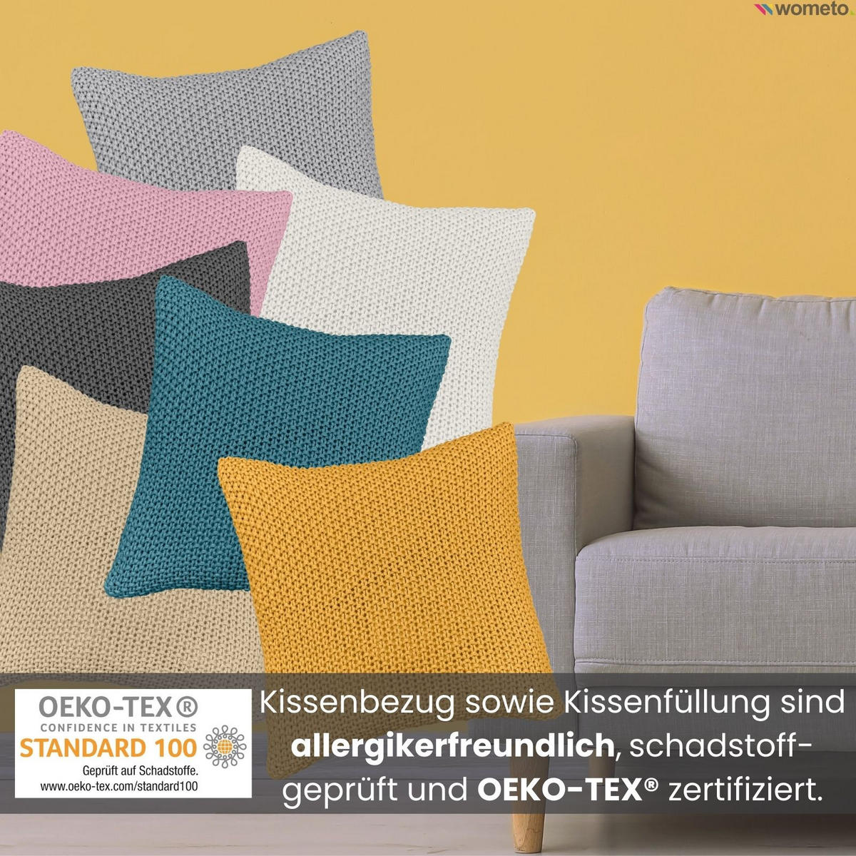 KISSENHÜLLE Strick beige 45/45 cm mit Reißverschluss inkl. 100% Federkissen - Beige, Textil (45/45cm) - wometo
