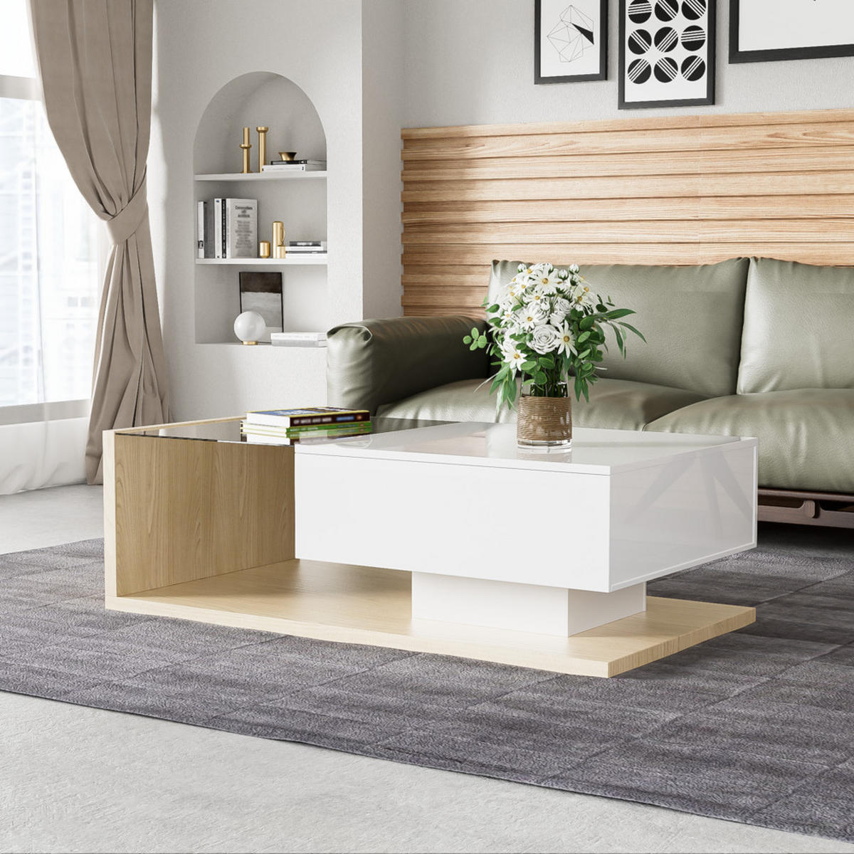 COUCHTISCH Hochglanzweiß & Holzfarbe mit Glas & LED-Effekt - Braun, Holz (118/64/18cm) - FLIEKS