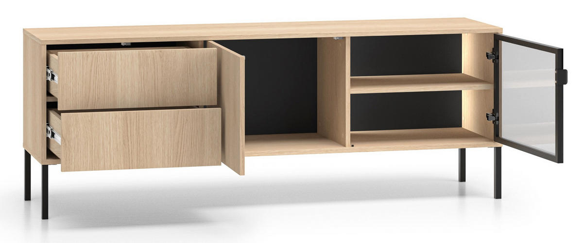 TV-LOWBOARD Barnee mit beleuchteter Glasvitrine, Eichenholzoptik, 160 cm - Beige/Schwarz, Holzwerkstoff/Metall (160/58.9/40cm) - Selsey