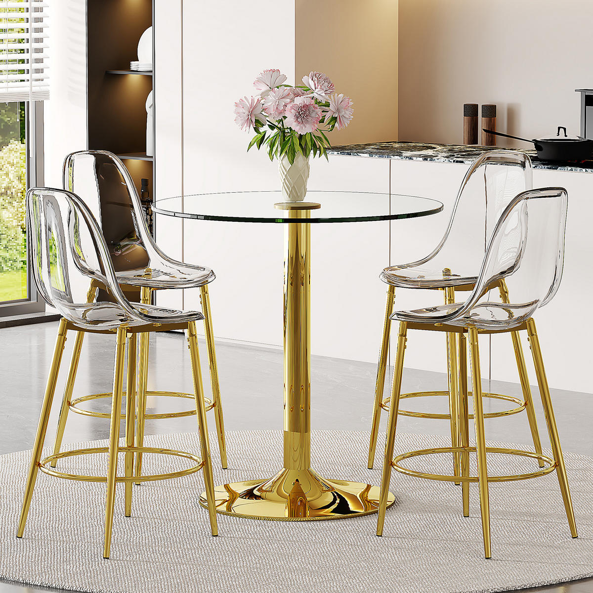 BARTISCH-SET DE-39404 5-teilig, Glastisch und 4 Hocker Transparent/Gold - Goldfarben, Metall (89/92/89cm) - ComfortXL
