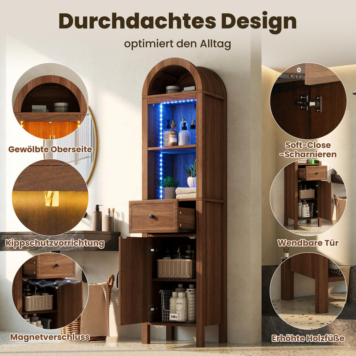 HOCHSCHRANK 40/30/163 cm Walnussholzfarbe mit 1 Schubladen und LED - Walnussfarben, Holz/Holzwerkstoff (30/163/40cm) - Oxeza