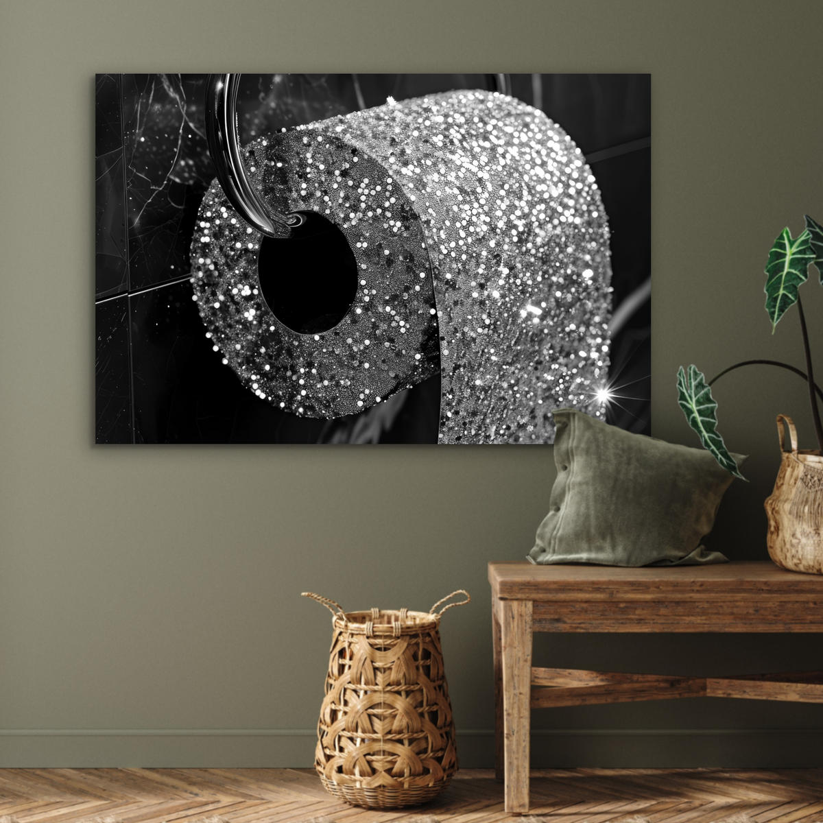 METALLBILD WC - Toilettenpapier - Schwarz und weiß - Glitter 120x80 cm - Silberfarben, Metall (120/80cm) - MuchoWow