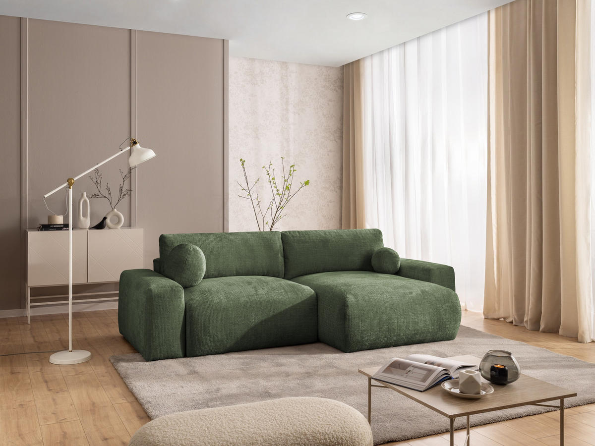 ECKSOFA Puffy mit Schlaffunktion und Bettkasten - besonders weich und puffig aus Grün Chenille-Stoff - Ottomane rechts - Schwarz/Grün, Holz/Kunststoff (266/138cm) - S-Style Möbel