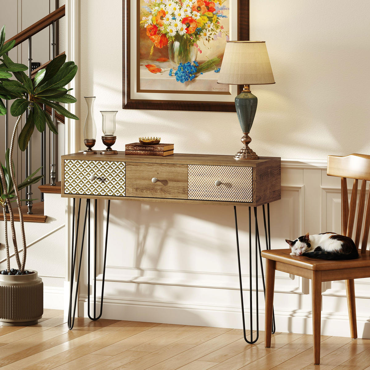 KONSOLENTISCH DE-16776 3 Schubladen, Haarspangenbeine, 90 cm Braun - Braun, Holzwerkstoff (90/30/75cm) - ComfortXL