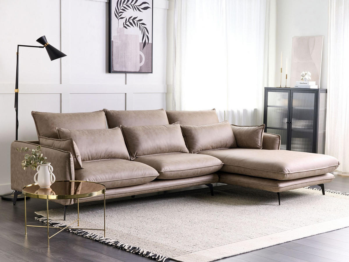 3-SITZER-ECKSOFA Kunstwildleder hellbraun rechtsseitig Gallo - Schwarz/Braun, Kunststoff/Textil (280/160cm) - Beliani